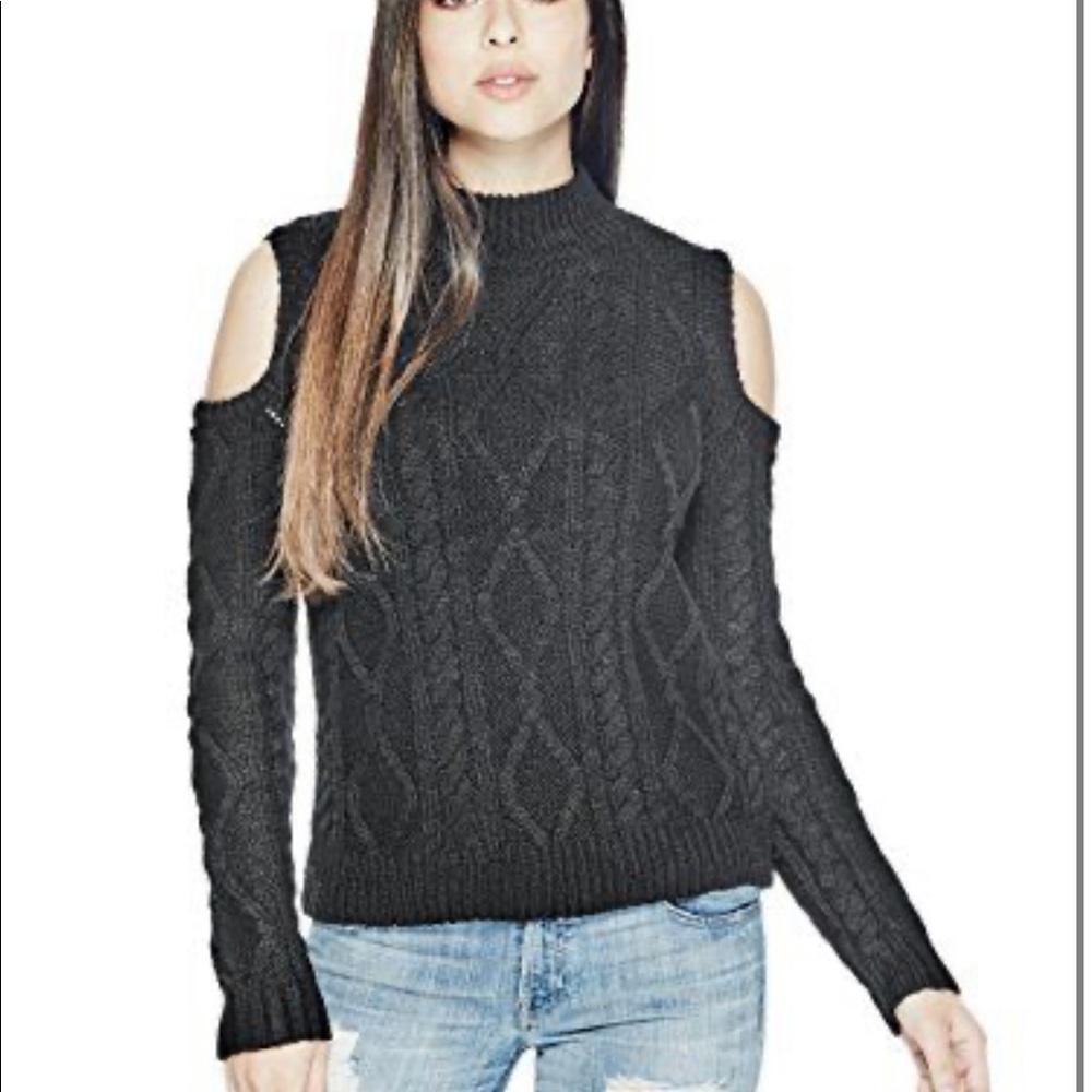 GUESS cold shoulder mock neck knit sweater